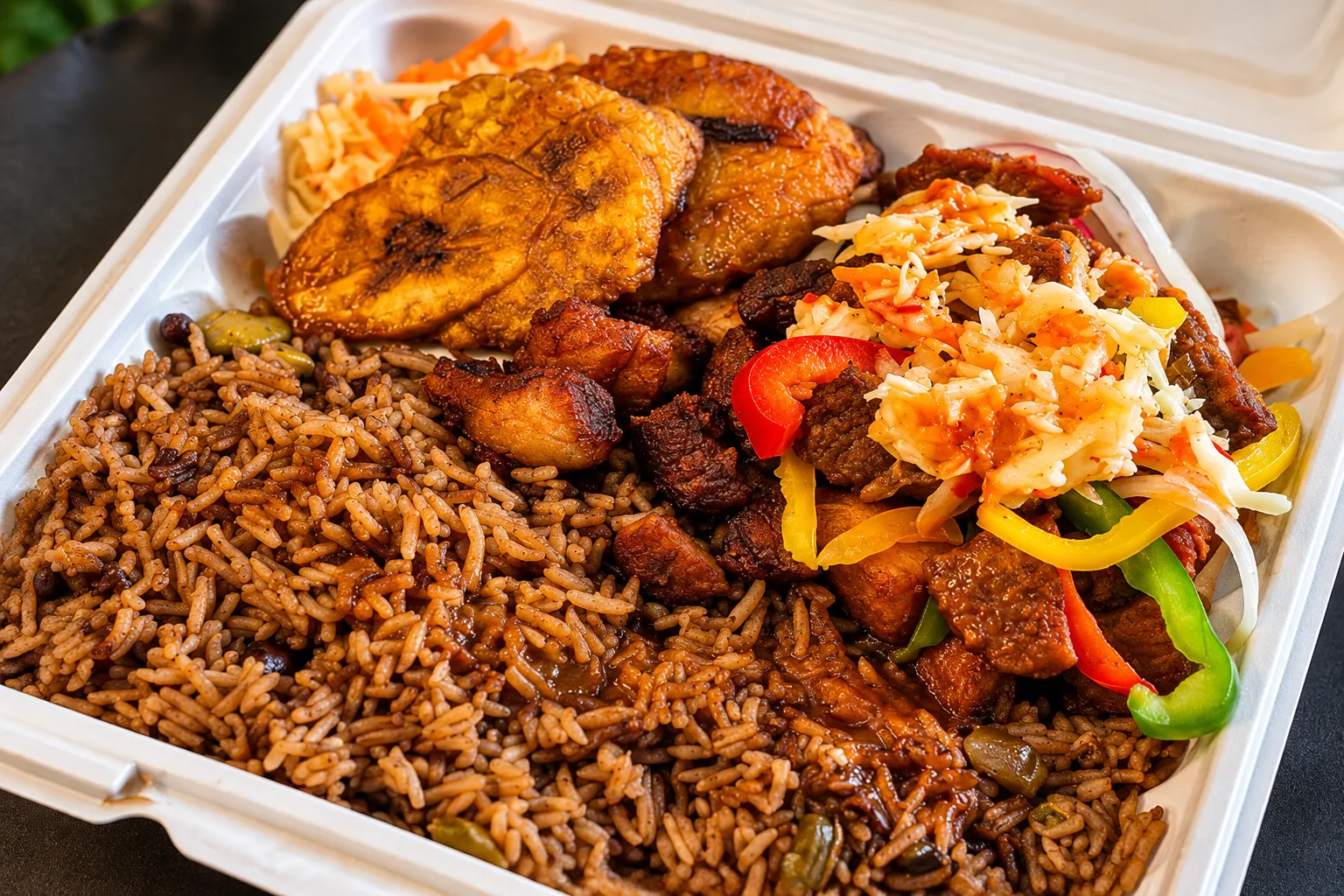 Fried meat plate with griot, rice, plantain and spicy coleslaw at Caribbean Latino Finger Licking Restaurant Edmonton